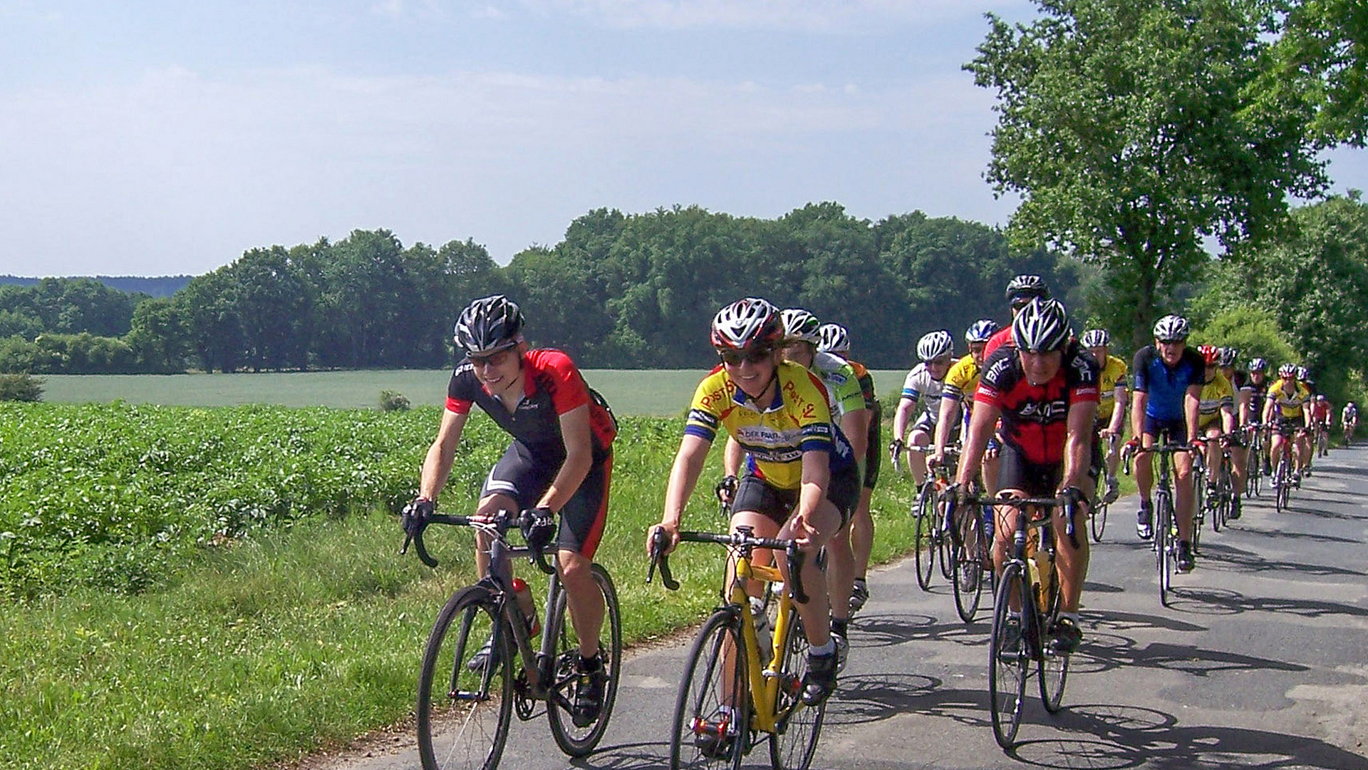 Rennradfahrer im Sommer neben einem Feld auf gemeinsamer Tour über einen Wirtschaftsweg in der Lüneburger Heide
